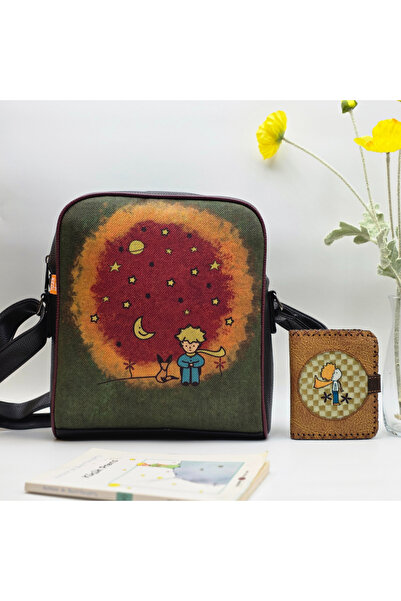 HOODİEMOUSE Large Postman Shoulder Bag with Little Prince Figure Black, Small Wallet Mustard Ethnic Bohemian Style Combination