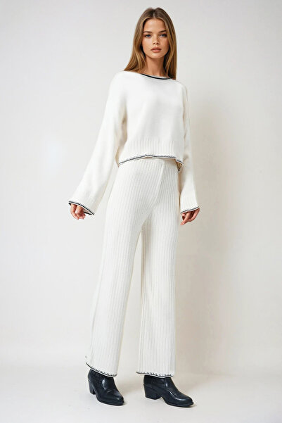 Trend Alaçatı Stili Women's Ecru Ribbed Casual Sweater and Knitwear Pants Set...