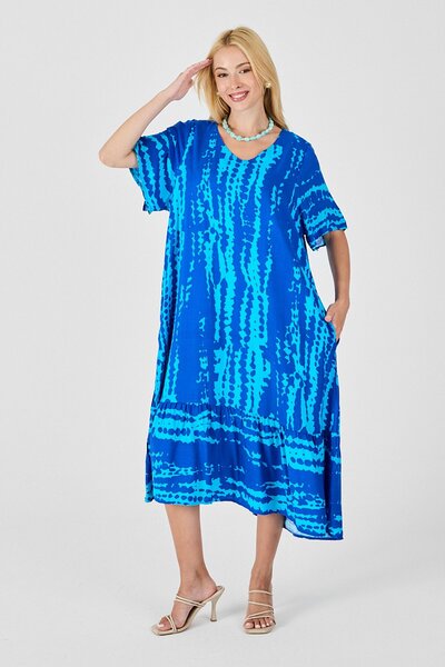 VAGGON Women's Blue Tie-Dye Patterned V-Neck Skirt Flounce Oversize Dress Vs0...