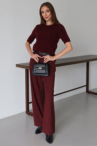 Trend Alaçatı Stili Women's Burgundy Belted Double Pocket Palazzo Pants Vs01484