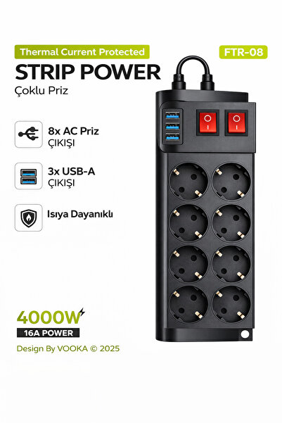 MO DOU Akıllı Priz Termal Akım Korumalı 8 Prizli Çoklu Akım Prizi | 3 USB 400...