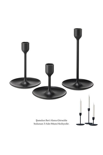 IKEA شمعدان FULLTALIG، أسود، (مع 3 شموع كهدية)