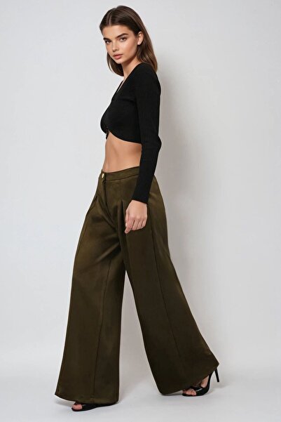 Trend Alaçatı Stili Women's Khaki Buttoned Pleated Palazzo Pants Vs01526