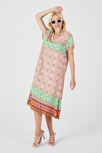 Trend Alaçatı Stili Rochie midi cu decolteu în V cu imprimeu portocaliu-verde...