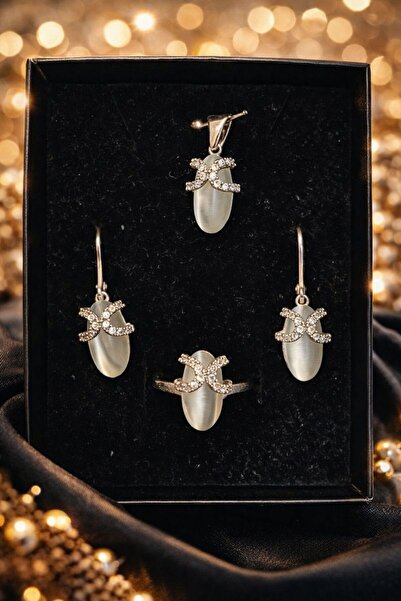 AYTAŞLÜX Zarif Ay Taşı Detaylı 925 Ayar Gümüş Kadın Set (Kolye · Küpe · Yüzük)