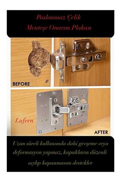 Lufern Paslanmaz Çelik Menteşe Onarım Plakası Hasarlı Mutfak Dolabı Kapı Tami...