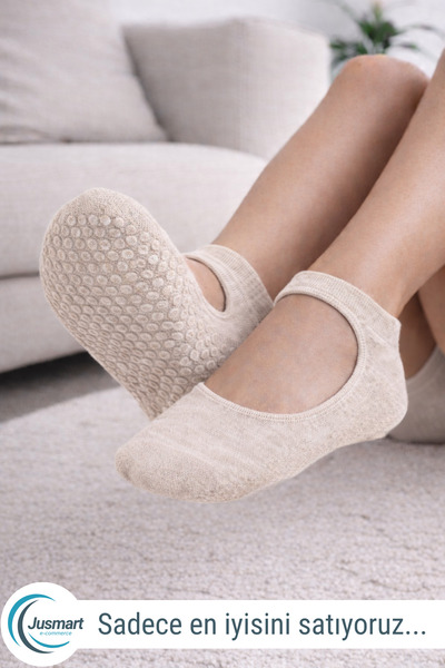 Jusmart Bej Krem Kadın Babet Yoga Çorabı ◆ Pamuklu Kaymaz Silikon Taban ◆ Yog...