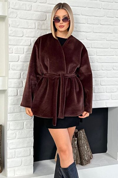 Trend Alaçatı Stili Kadın Acı Kahve Kuşak Detaylı Astarlı Deve Tüyü Kürk Asta...