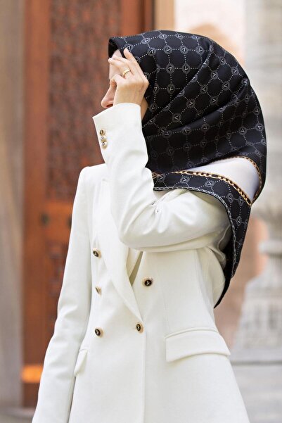 Vissona % 57 İPEK % 43 VİSKON Twill İpek Zincirli Ve Monogram Desenli Siyah -...