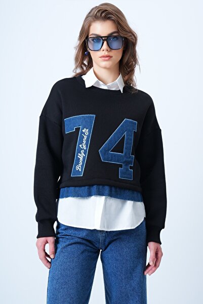 Trend Alaçatı Stili Kadın Siyah Bisiklet Yaka Jean Garneli Ve Nakışlı Şardonl...