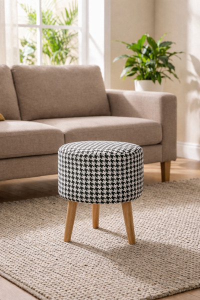 MEFAKS TEKSTİL Yuvarlak Dijital Baskılı Ahşap Ayaklı Puf, Tabure Salon & Otur...