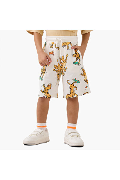 Juniors All-Over Tiger Print Shorts with Drawstring Closure and Pockets