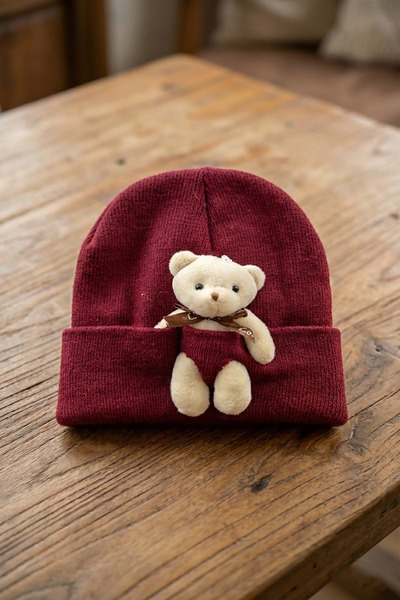 nacar çarşı Çocuk Bordo Sevimli Peluş Ayıcık Figürlü Katlamalı Kışlık Triko Bere
