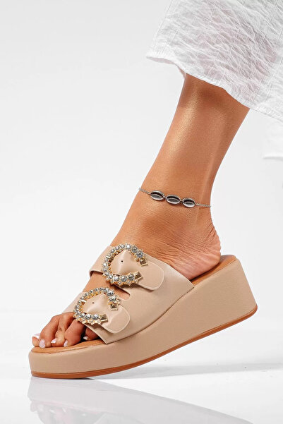Zaira Γυναικείες μπεζ παντόφλες με πλατφόρμα από οικολογικό δέρμα Tania #22325