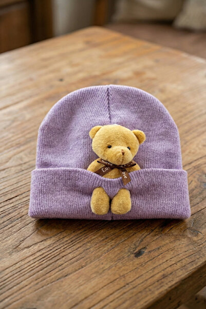 nacar çarşı Căciulă de iarnă pliată pentru copii, liliac, drăguță, cu ursuleț...