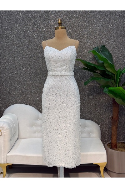 E&A Eren Abiye BEYAZ MIDI BOY STRAPLEZ BONCUKLU ISLEMELI ABIYE