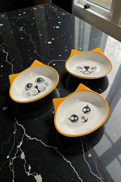 ALBETTO 3 lü Seramik Mama Tabak, Çocuk Tabağı Kedili Sarı