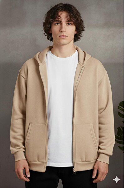 NO 601 Men's Beige Full Zip Hooded Cardigan