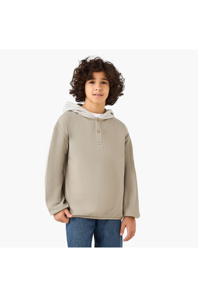 ELIGO Solid Hooded Pullover with Button Detail