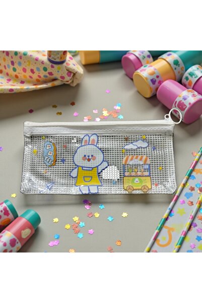 kadınelishop Kalemlik Fermuarlı Şeffaf File– Sevimli Tavşan Desenli