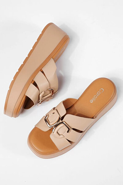 Zaira Μπεζ γυναικείες παντόφλες με πλατφόρμα από οικολογικό δέρμα Ada #22327 ...