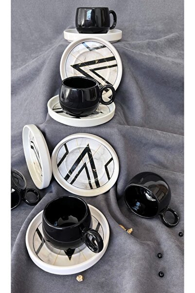 Erbaşlar Siyah Mermer Seri Tombul 12 Parça Lüx Seramik Kahve Fincan Takımı Türk Kahvesi Fincanı