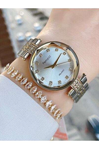 Ferrucci Kristal Camlı Çelik Kordon Kadın Kol Saati Ve Bileklik