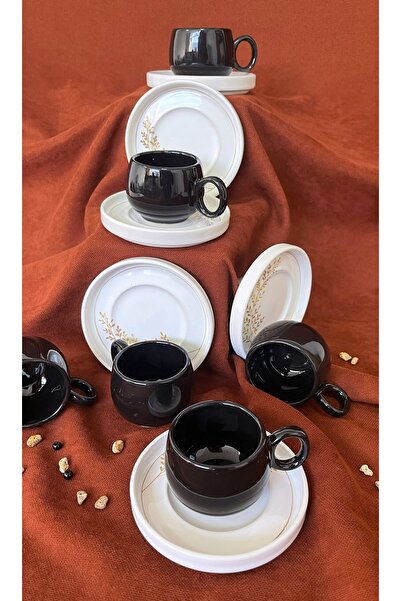 Erbaşlar Siyah Çavdar Seri Tombul 12 Parça Lüx Seramik Kahve Fincan Takımı Türk Kahvesi Fincanı