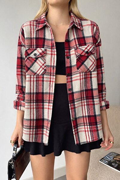 MAMAYAGA Women's Pattern Block Lumberjack Oversized Loose and Wide Fit Casual Pocket Collared Jacket Shirt