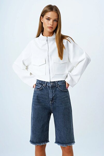 Trend Alaçatı Stili Kadın Antrasit 5 Cepli Paçası Püsküllü Denim Şort Vs00857