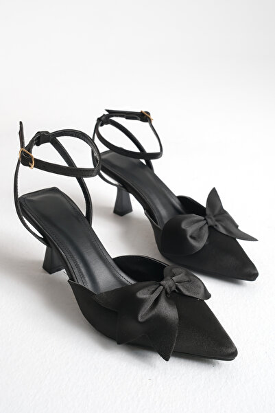 Bak Store Black Satin Bow Heeled Women's Shoes Pointed Toe