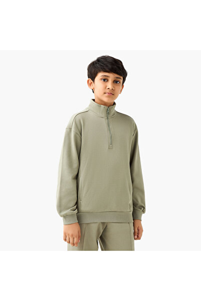 Juniors Solid High Neck Sweatshirt with Zip Closure