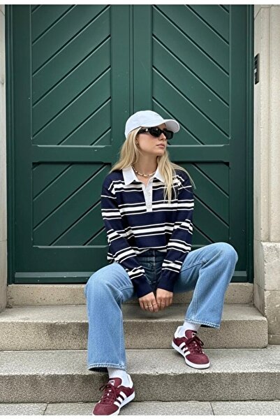 DEMİRBEY TEKSTİL Navy Blue Striped Buttoned Polo Neck Women's Knitwear Sweater