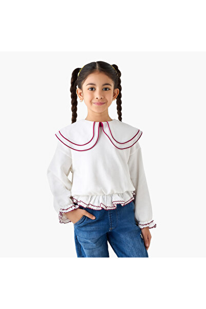 Juniors Solid Peter Pan Collar Sweatshirt with Long Sleeves