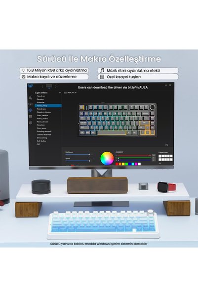 Aula F75 Mekanik RGB TKL Seiya Switch Kablosuz Makrolu Hot Swap Gaming Klavye Gradyan Mavi