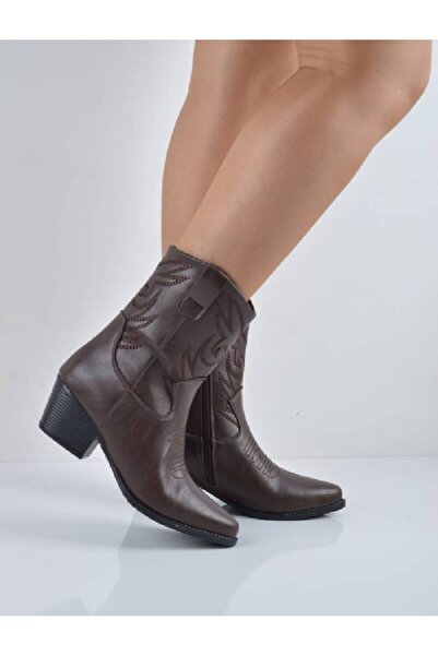Şanslı Ayakkabıcılık Brown Leather Short Heeled Short Cowboy Boots
