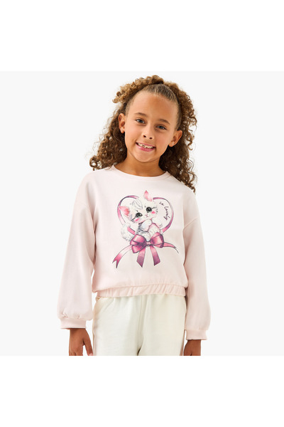 Juniors Cat Print Sweatshirt with Long Sleeves