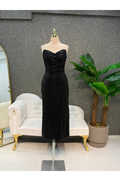 E&A Eren Abiye SİYAH MIDI BOY STRAPLEZ BONCUKLU ISLEMELI ABIYE