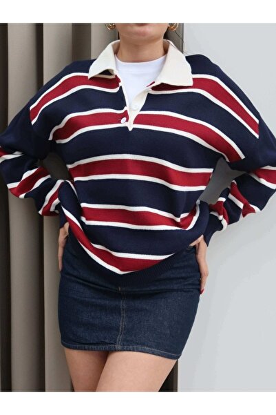 DEMİRBEY TEKSTİL Navy Blue Striped Buttoned Polo Neck Women's Knitwear Sweater