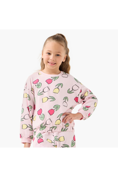 Juniors كنزة صوفية مطبوعة بالزهور برقبة دائرية