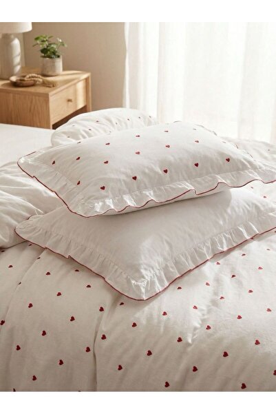 Ricco Lifes Set de lenjerie de pat dublu cu bumbac 100% inimioare cu volane