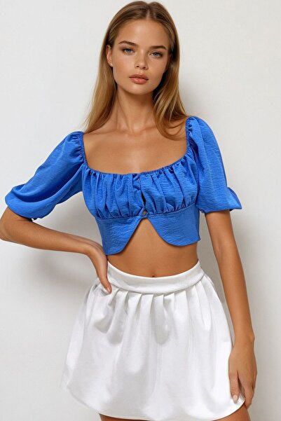 Trend Alaçatı Stili Kadın Mavi Kare Yaka Büzgü Detaylı Düğme Kapamalı Crop Büstiyer Prm0752