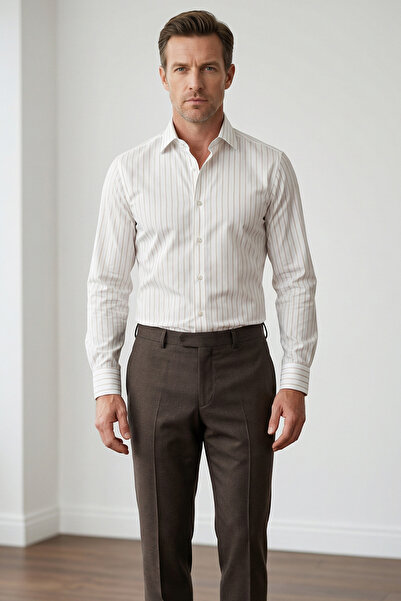 alenmeza Cămașă pentru bărbați, bej, cu dungi subțiri, din bumbac, L material elastic Non-Iron Fit Mold, cu mânecă lungă, fără buzunare