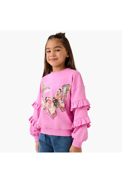 Juniors Graphic Print Sweatshirt with Ruffle Sleeves