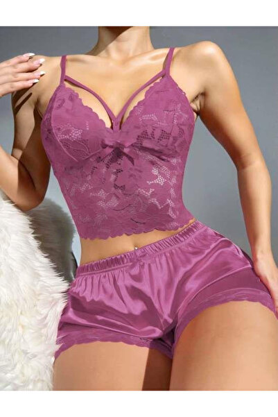 Dodes Dantelli Büstiyer İnce Askılı Lila Saten Şortlu Takım