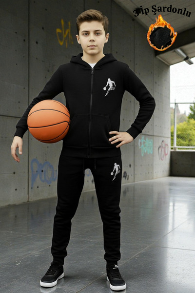 han elegant 3 İp Ş Fleece-Lined Thick Basketball B Printed Boys' Zippered Tra...