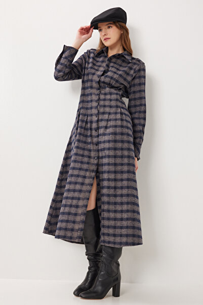 Lovelyİstanbul Kareli Midi Dokuma Elbise LLW0001 LACİVERT VİZON