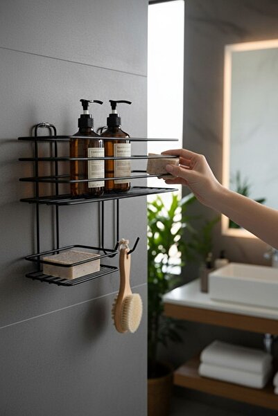 Home Stuff رف تنظيم أسود قابل للالتصاق للحمام والمطبخ