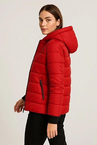 RAWEA FASHİON Women's Puffer Jacket with Hooded Zippers, Water-Repellent, Quilted Lining, Fabric Pockets, Winter Comfortable Fit - Red