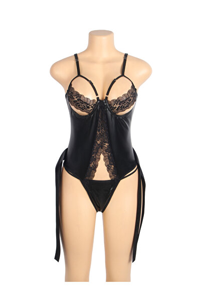 Lingerie and Fashion Style Black PU Leather Sexy Lace Hollow Out Bodysuit